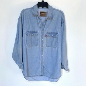 Vtg  90s BUM Equipment Mens Light Wash Denim Button Shirt THRASHED ‎ Med READ